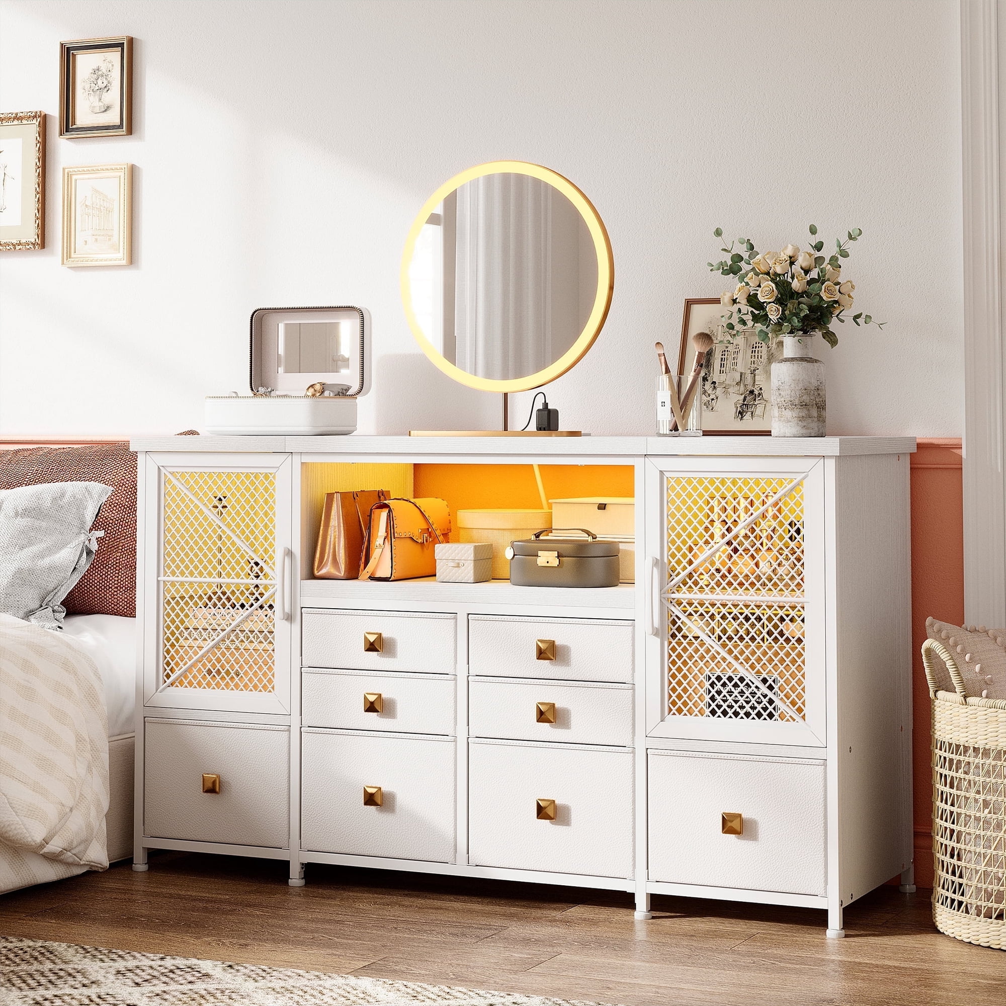 EnHomee White Dresser TV Stand with 8 Fabric Drawers Dressers for Bedroom with LED Lights