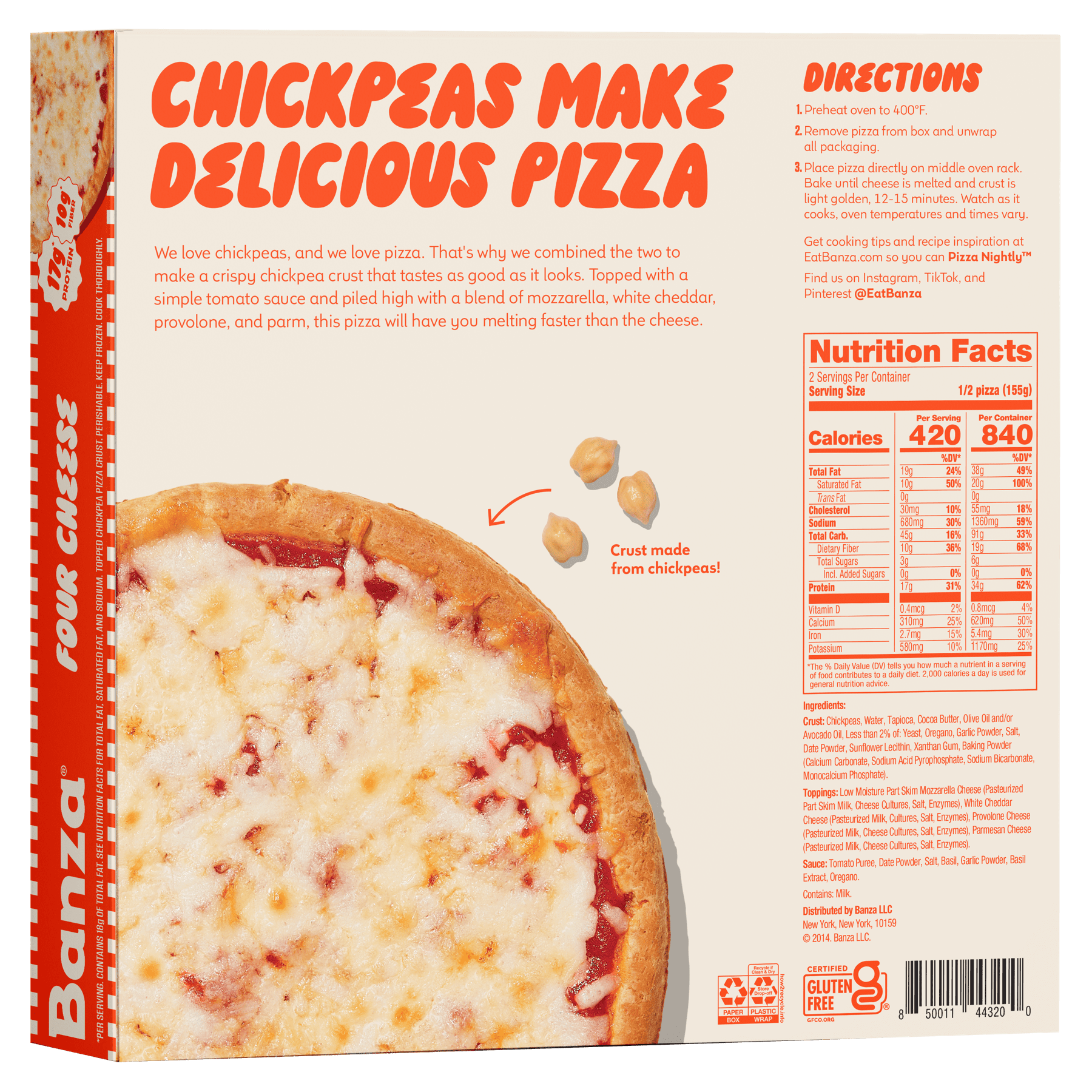 Banza Four Cheese Pizza from Chickpeas - High Protein, Gluten Free, Lower Carb Frozen Pizza, 11oz