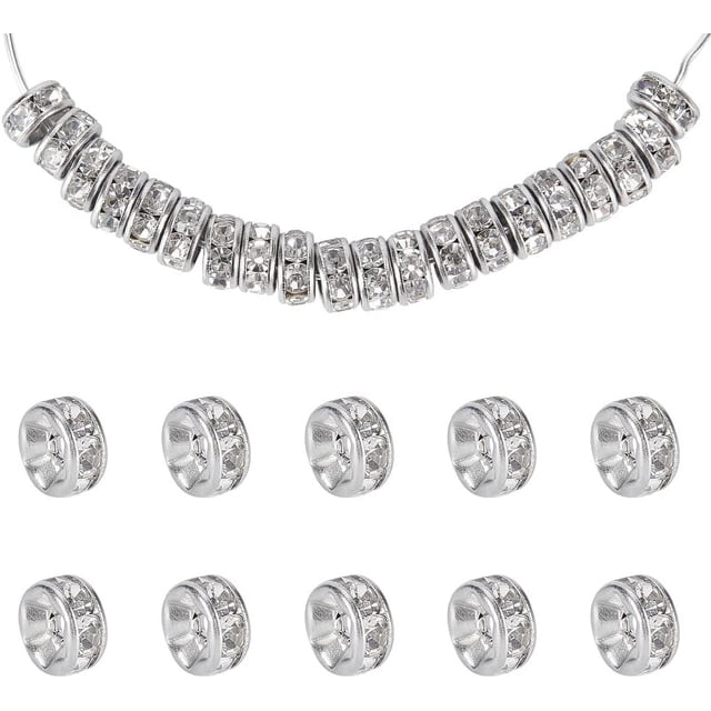 20 piezas de cuentas espaciadoras redondas planas de 6x3 mm de acero inoxidable 316 con diamantes de imitación para la fabricación de joyas. Color acero inoxidable.