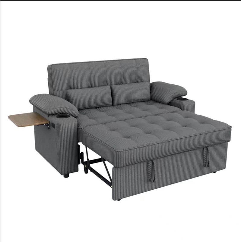 58" Sleeper Sofa Bed, Full Size Pull Out Couch, Convertible Loveseat Sofa with 5-Level Adjustable Backrest, USB Charging Ports, Cup Holders & Foldable Side Table, for Living Room, Apartment & Office