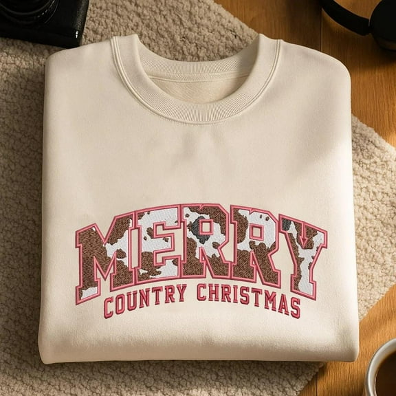Embroidered Merry Country Christmas Sweatshirt, Western Cow Print Holiday Hoodie, Rustic Cowboy Cowgirl Xmas Outfit, Country Christmas Tee