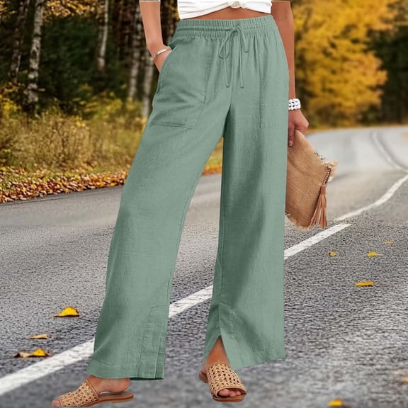 Nestiefly Cotton Linen Pants for Women Summer Drawstring High Waisted Palazzo Pants with Pockets Casual Wide Leg Linen Trouser Green XL