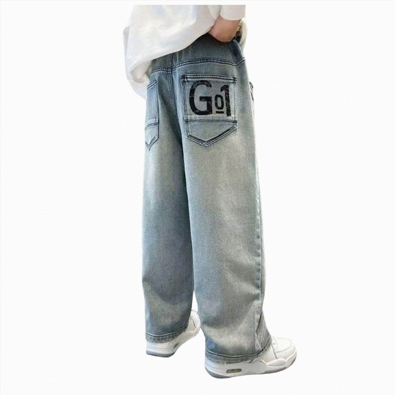 CAICJ98 Boys Baggy Jeans Thermal Fleece Lined Jeans Kids Elastic Waist Straight Leg Winter Denim Pants with Pockets Jeans for Boys (Blue,5-6 Years)
