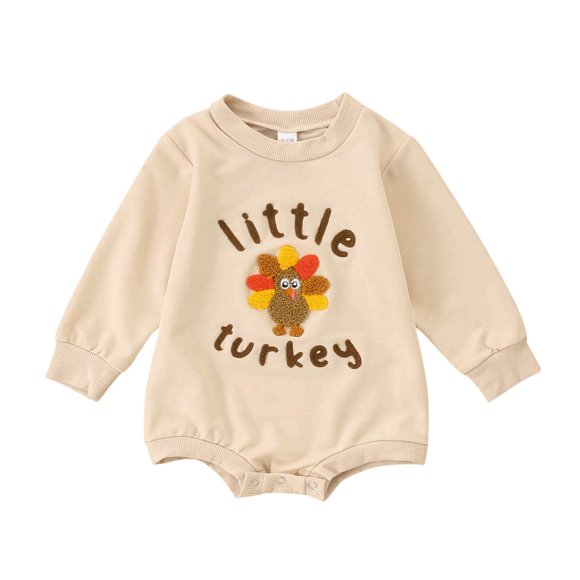 LYHaoo Barboteuse Graphique pour Filles Bébé et Tout-Petits Garçons Filles Manches Longues Broderie de Dinde Chandail Barboteuse Chandail en Molleton Justaucorps, Tailles 0-3 Mois (Beige)