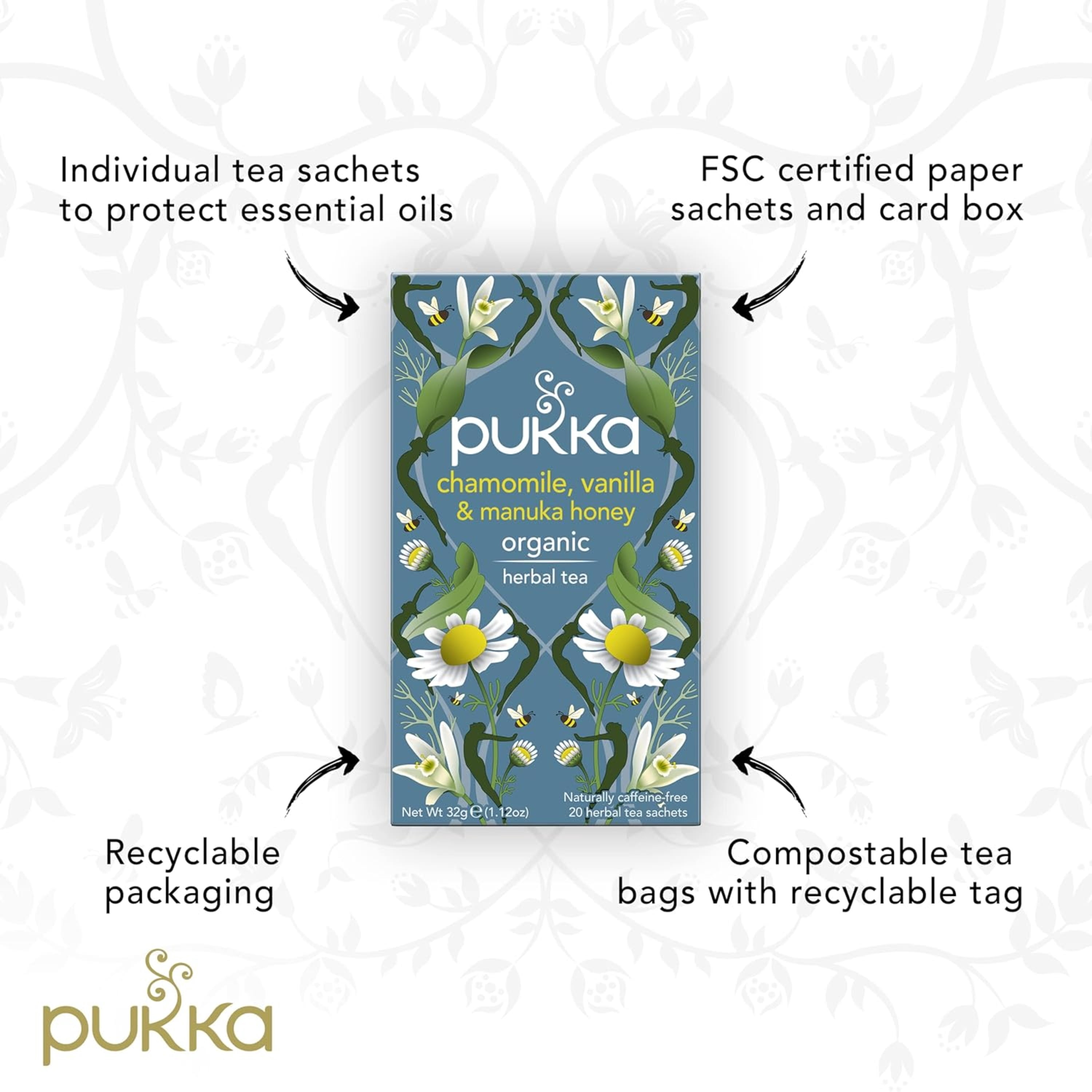 Pukka Organic Herbal Tea, Chamomile, Vanilla & Manuka Honey, Caffeine-Free, Calming Blend, 20ct (Pack of 4, Total 80 Tea Bags)