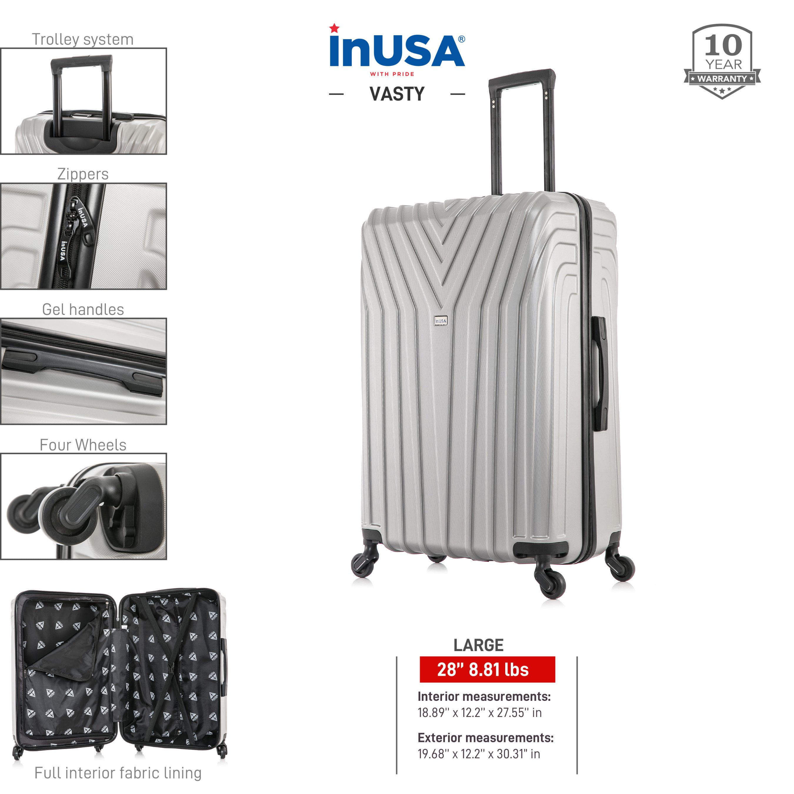 InUSA Vasty 28" Hardside Lightweight Luggage with Spinner Wheels, Handle, and Trolley, Gray