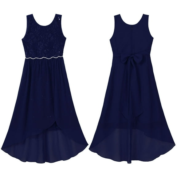 DPOIS Kids Flower Girl Dress Floral Lace Wedding Junior Bridesmaid Dress Ball Gown Navy Blue 8