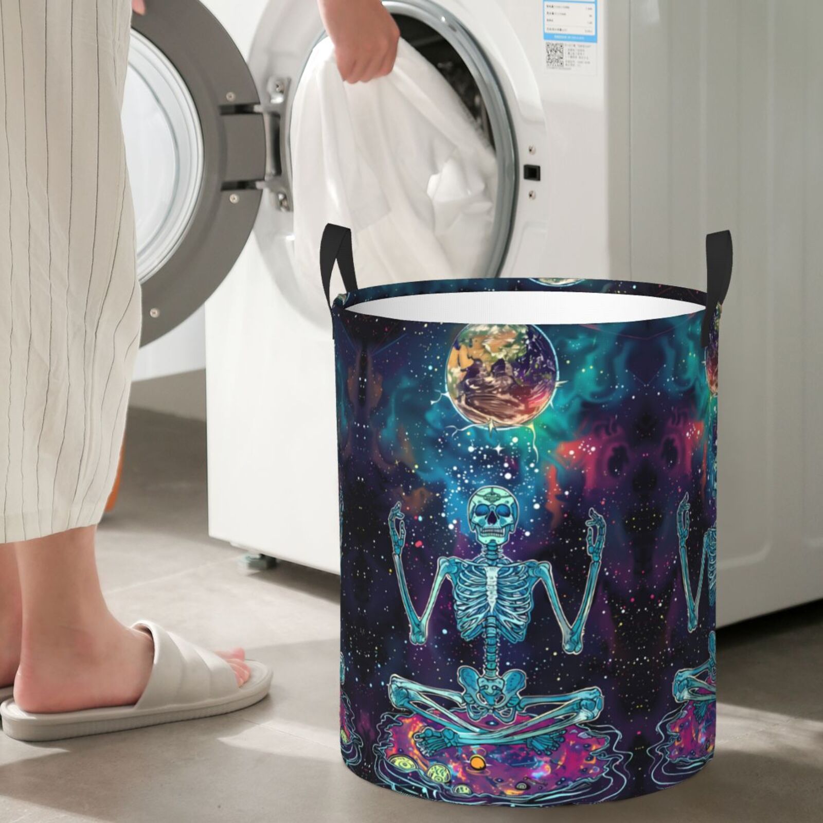 Large Laundry Basket with Handles - Space Skeleton Meditation Kids Baby Dirty Clothes Laundry Hamper for Bedroom Aesthetic