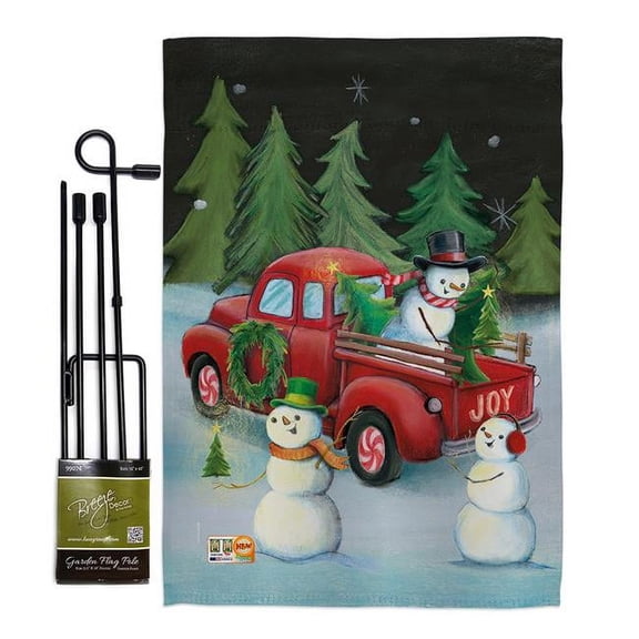 Breeze Decor BD-XM-GS-114208-IP-BO-D-US18-WA 13 x 18.5 in. Picking Christmas Tree Winter Impressions Decorative Vertical Double Sided Garden Flag Set with Banner Pole