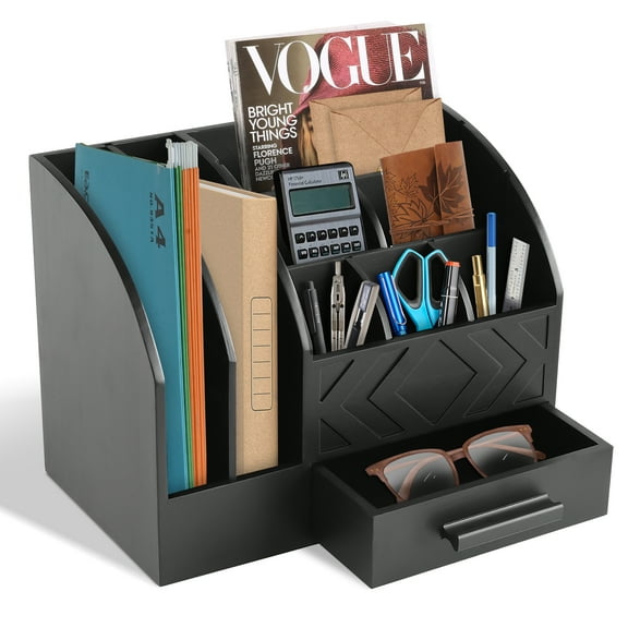 Solid Wood Desk Mail Organizer with 8 Compartments & Drawer, Modern Desktop File Sorter
