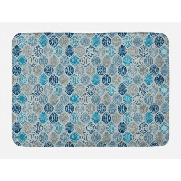 Grey Blue Bath Mat, Ethnic Round Shapes with Swirls Scale and Stripes Ornamental Motifs, Non