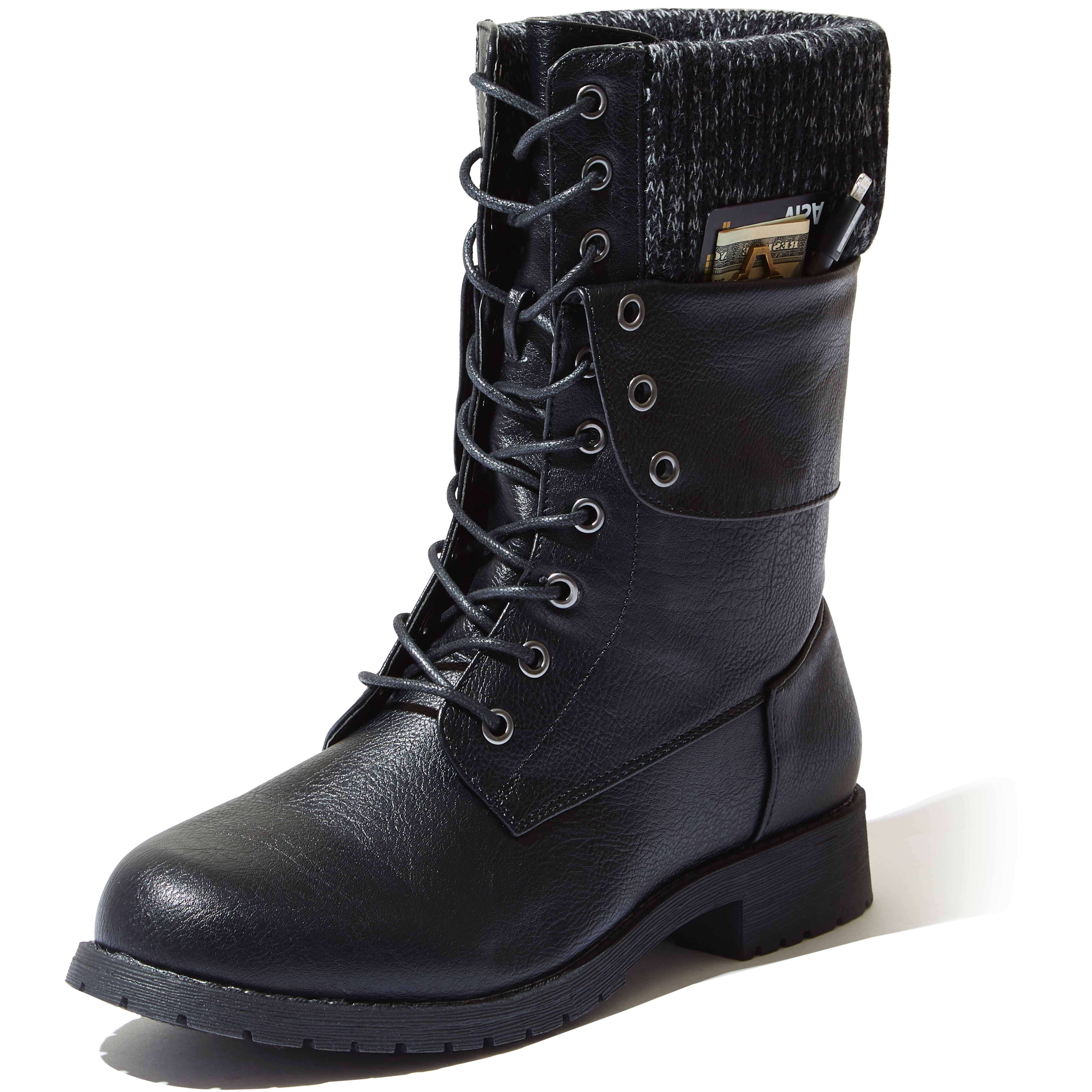 Winter Womens Mid Calf Military Pocket Wallet Lace Up Combat Motorcycle Boots