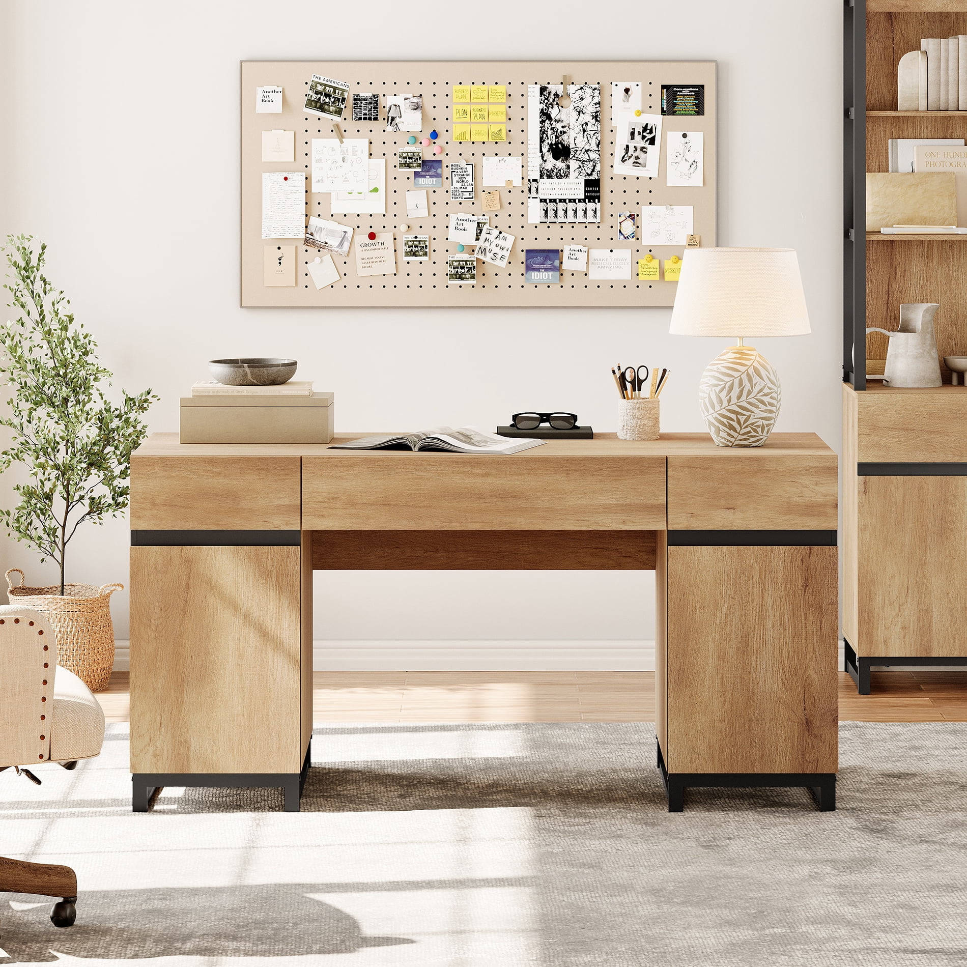 WAMPAT Office Furniture Set: 59in Modern Executive Desk with Charging Station and Drawers and Two 72in Tall Bookcases With 3 Tiers And 4 Cabinets, Home Office Furniture for Living Room, Bedroom, oak