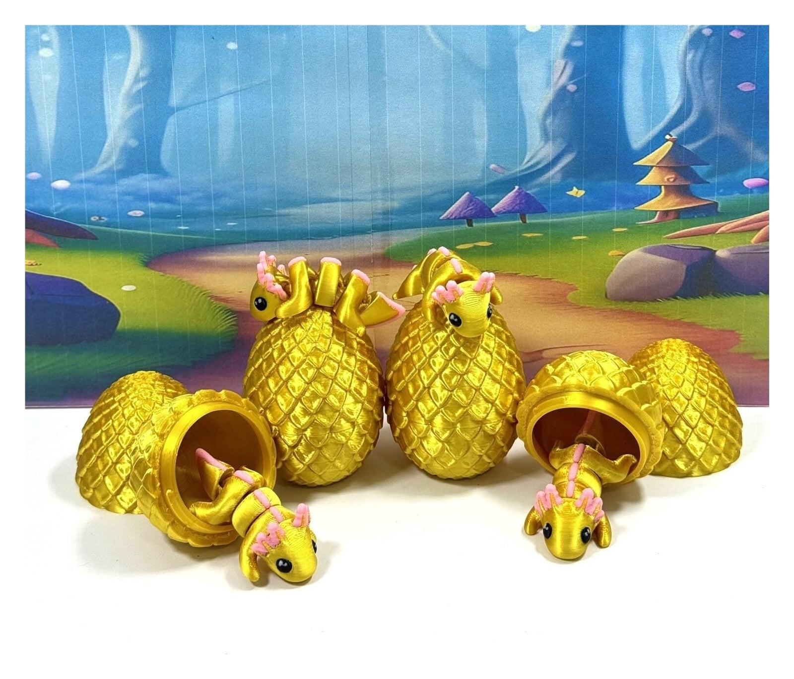 4pcs 3D Printed Articulated Golden Axolotl with Eggs, Fidget Axolotl Fidget Executive Desk  Home Decor