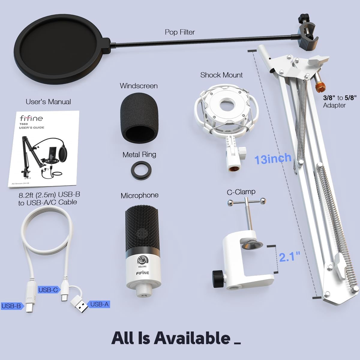 FIFINE T669 USB Studio Microphone Kit for PC Computer, Podcasting Microphone with Boom Arm Stand, Gain Control for Gaming, Streaming, Recording, White