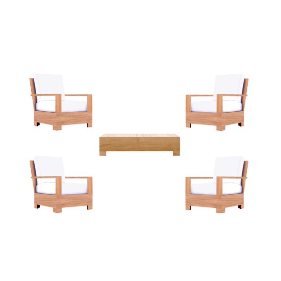Leveb 5 Pc Lounge Chair Set: 4 Lounge Chairs & Coffee Table With Cushions in Sunbrela Fabric #57003 Canvas White