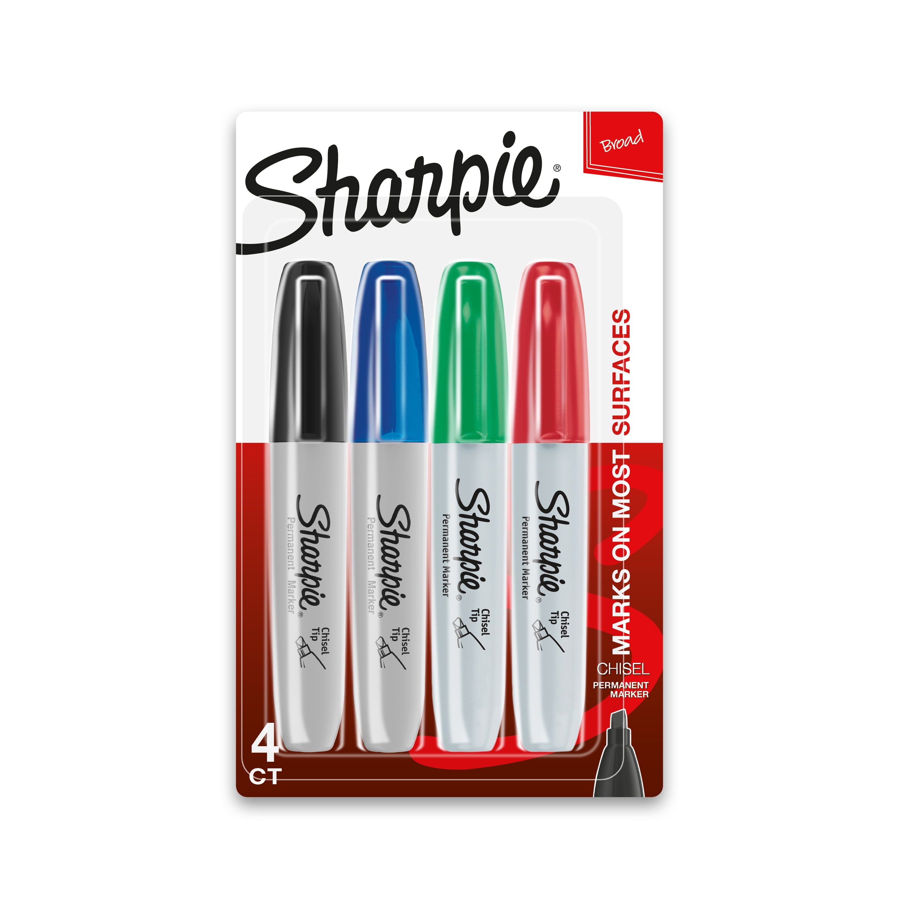 Sharpie Chisel Tip Permanent Markers, Assorted Colors, 4 Count
