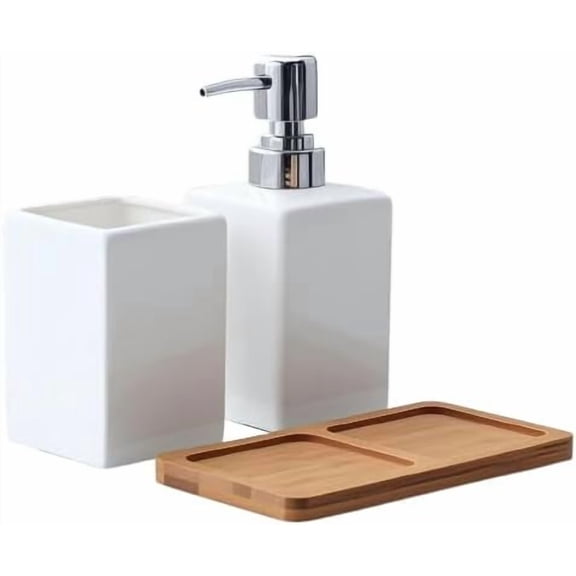 White Ceramic Soap Dispenser and Toothbrush Holder,3-Piece Bathroom Accessories Set Modern Square Countertop Bath Set,Liquid Soap Dispenser,Tumbler Cup,Wooden Vanity Tray