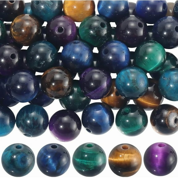 1 Box 8MM 60PCS 5 Colors Tiger Eye Beads with Holes Natural Round Colorful Gemstone Smooth Polished Loose Spacer Bead Bulk for Jewelry Making Earrings Bracelets Necklaces DIY Craft Supply