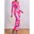 thumbnail image 6 of Women'S Bodycon Maxi Dress Fashion Long Sleeve Floral Print Tight Fitted Party Club Ruched Dresses Rose Red M, 6 of 9