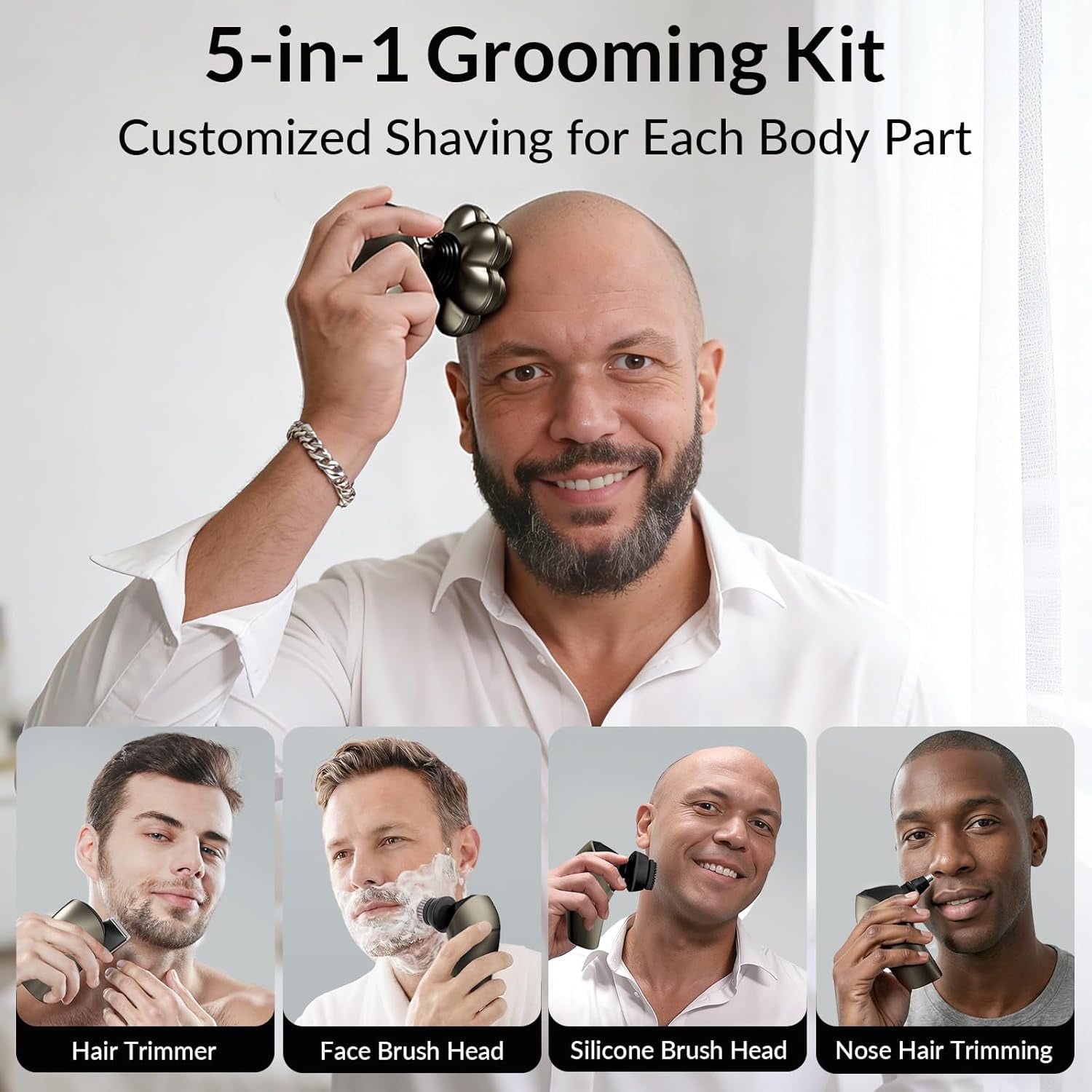 5-in-1 Electric Razor for Men, 7D Floating Head Shaver, IPX7 Waterproof Wet/Dry Body Grooming Trimmer, USB-C Rechargeable with LED Display, for Bald Head, Beard, Legs, Underarms, Dark Gray