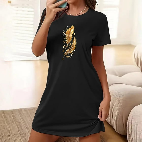 Sakmal Ultra-Soft House Dress for Women Loose Cute Black Nightshirt Short Crew Neck Short Sleeve Graphic Nightgowns S-2XL