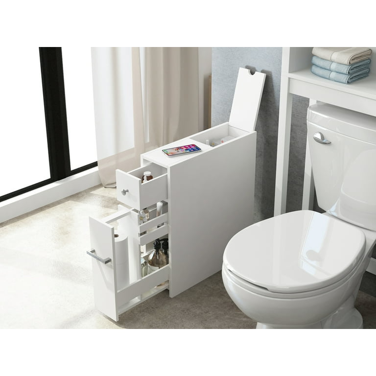 Spirich Slim Bathroom Storage Cabinet Free Standing Toilet Paper Holder Slide Out Drawer White Com
