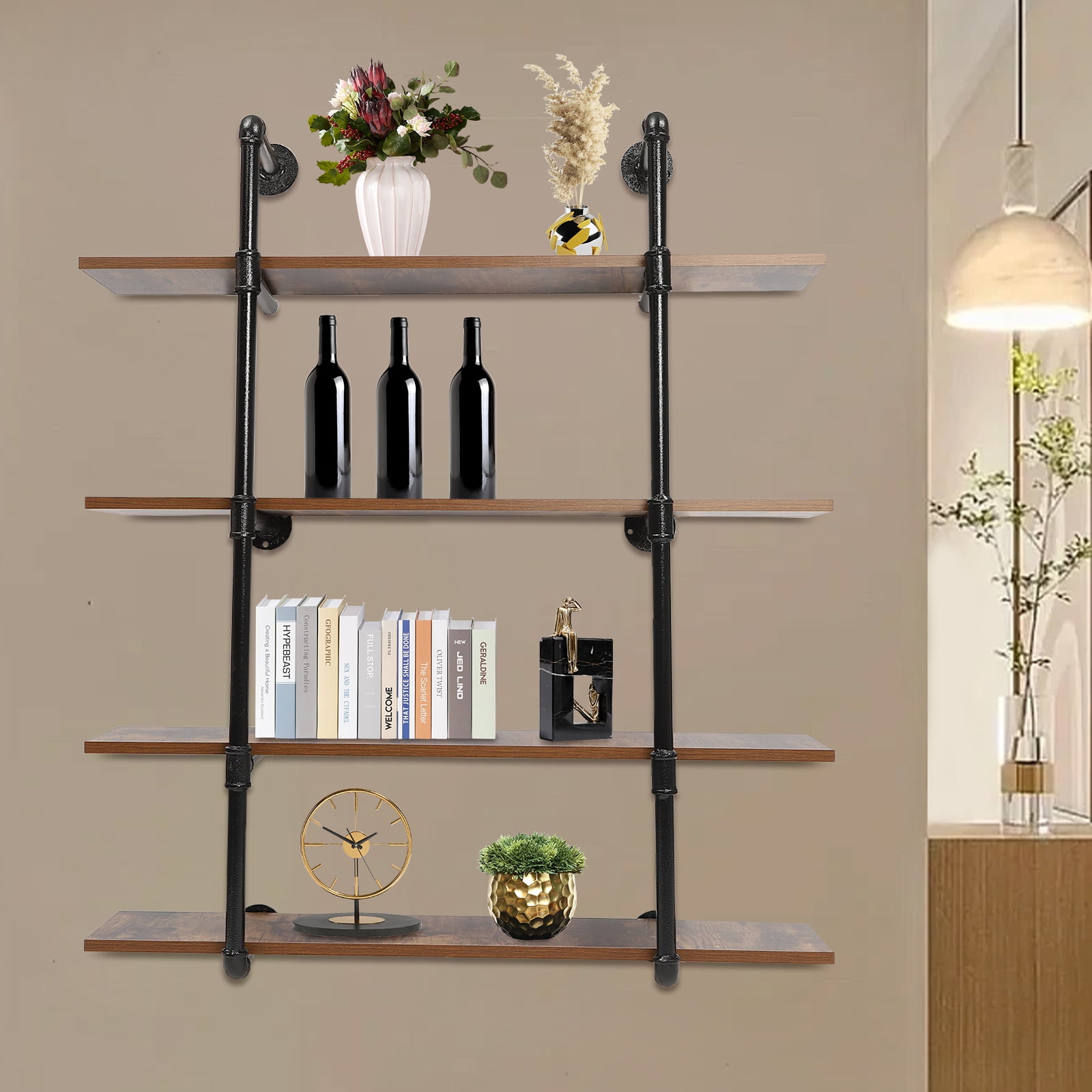 Industrial Pipe Shelving Wall Mounted  Rustic Metal Floating Shelves,Steampunk Real Wood Book Shelves,Wall Shelf Unit Bookshelf Hanging Wall Shelves,Farmhouse Kitchen Bar Shelving(4 Tier)