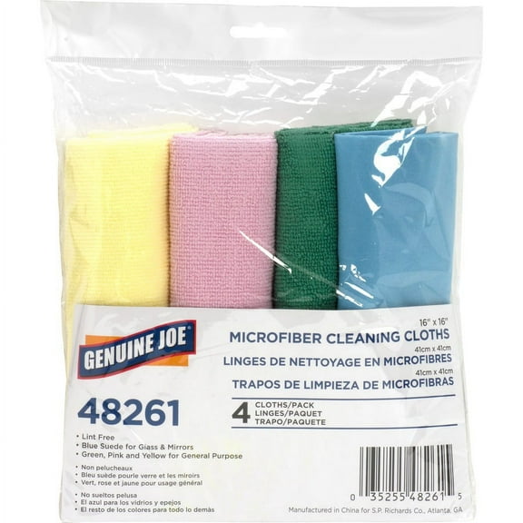 Genuine Joe Color-coded Microfiber Cleaning Cloths - 16" x 16" - Assorted - MicroFiber - Lint-free, Chemical-free - For Multipurpose - 4 / Pack | Bundle of 2 Packs