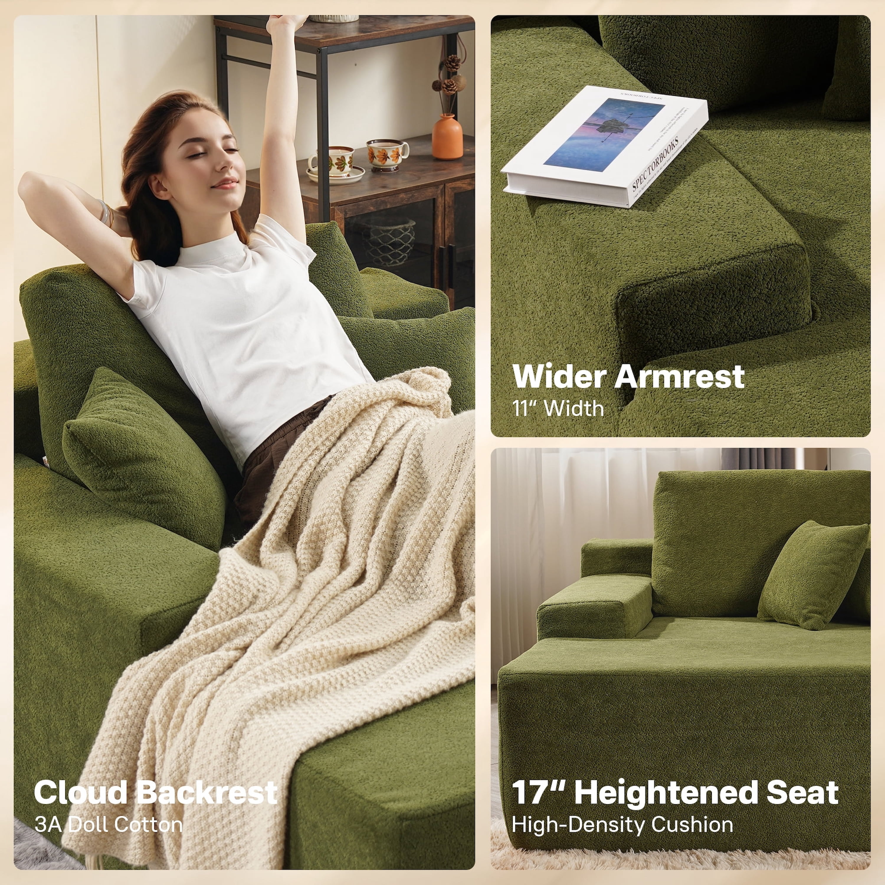 Vcatnet 81" Modular Sectional Sofa Couch Sherpa Chaise Lounge Loveseat Sofa Bed Oversized Upholstered Sleeper Sofa for Living Room and Bedroom, Green