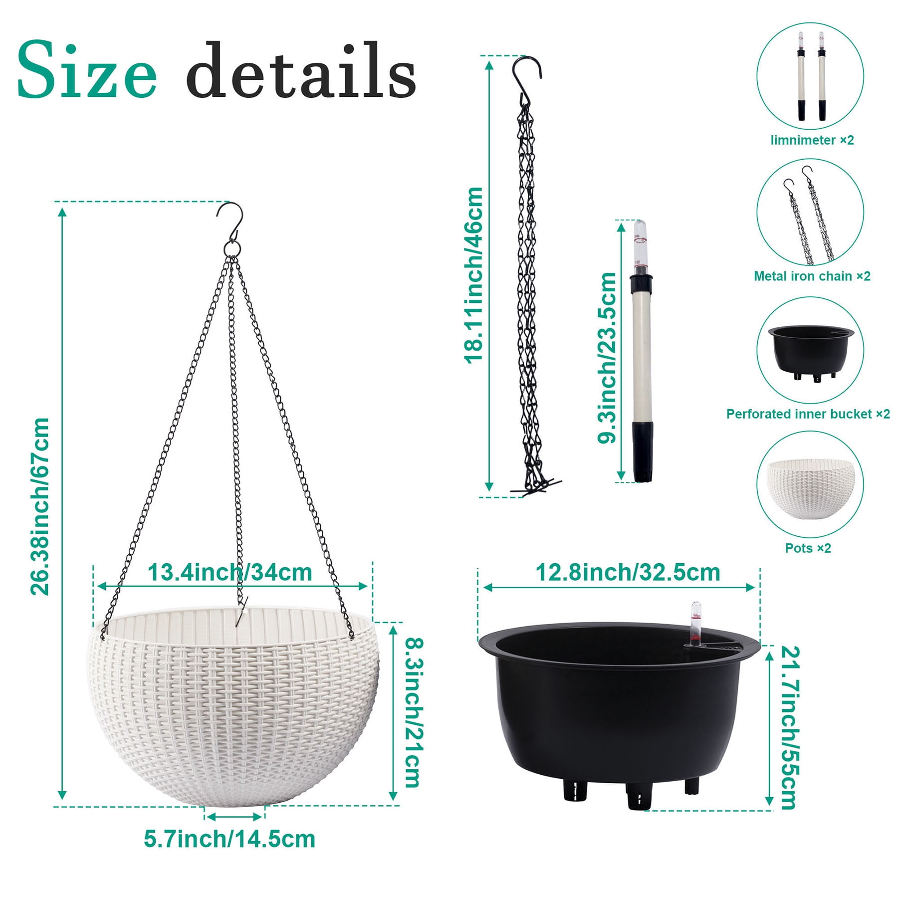 S-HOME Dual-Use Self-Watering Hanging Rattan Planters 13.4 Inch Large Size with Water Level Indicator, for Balcony Decor Indoor Use, White