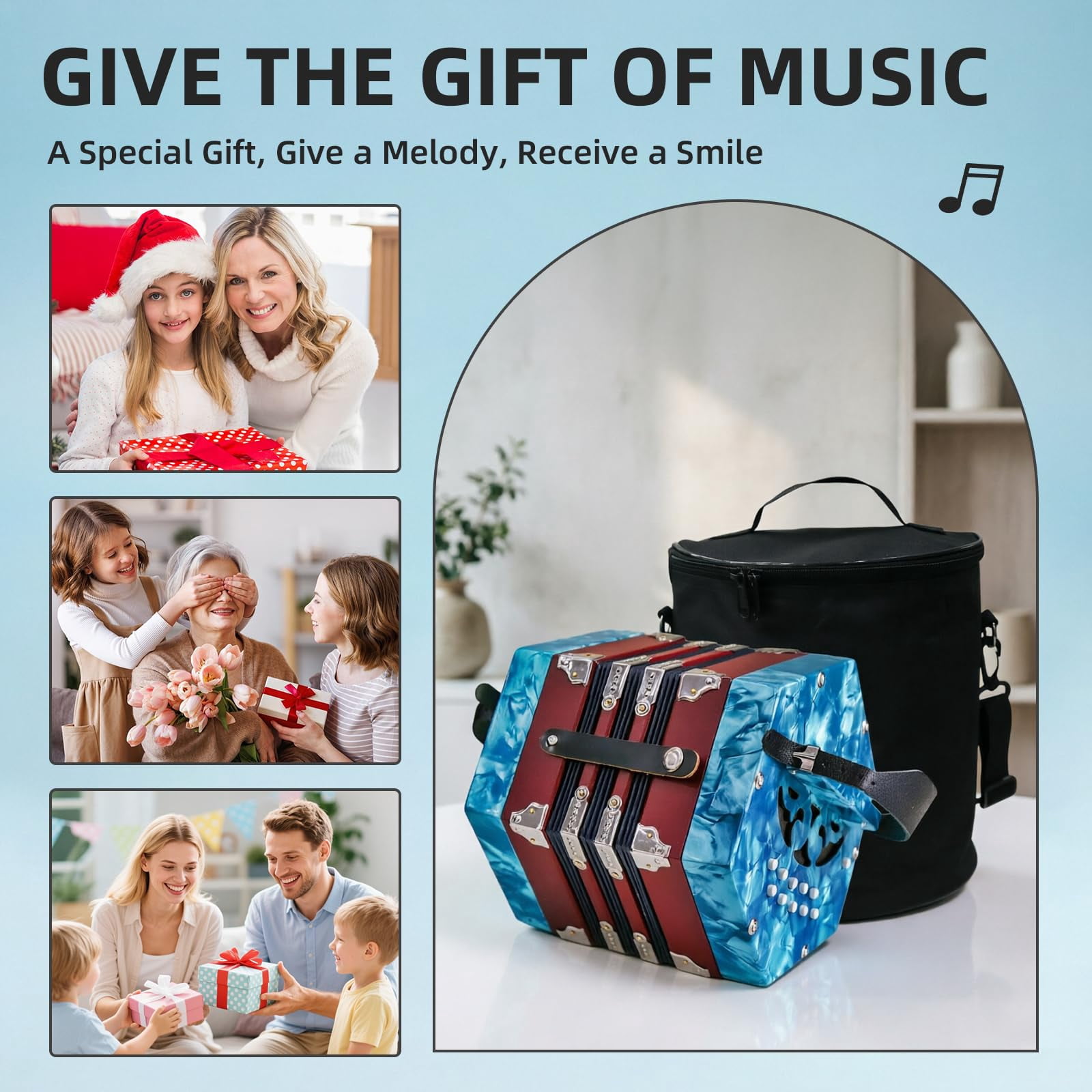 Rowadtim 20-Key Sky Blue Concertina Accordion for Adults, Professional Beginner Instrument with Adjustable Hand Straps and Full Accessories