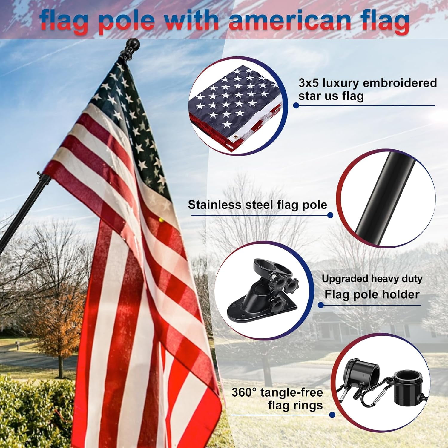 LCOKEIY Flag Pole with Bright 3x5 Embroidered US Flag with Brakets, Tangle Free Rustproof Flagpole Kit for House Yard, 5ft, Black