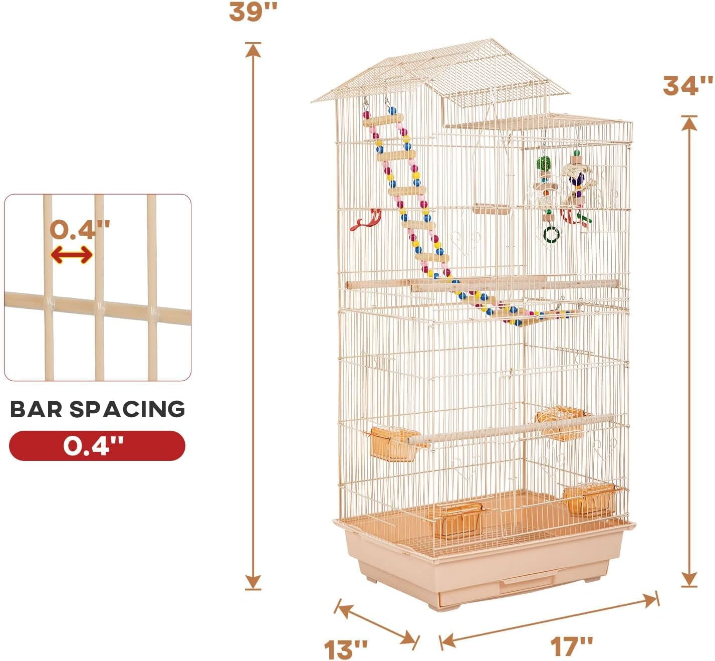 Dkelincs 39 inch Open Top Parakeet Bird Cage Large Flight Pet House Accessories with Toys, Almond