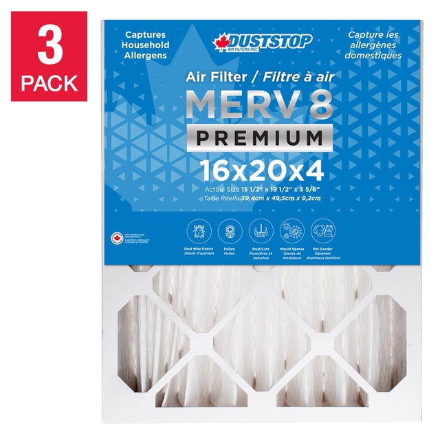 Duststop MERV 8 Filtre Plissé de Four de Qualité Supérieure, Lot de 3 16 x 20 x 4
