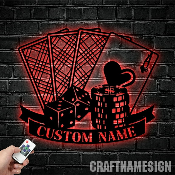 Craftnamesign Custom Casino Metal Wall Art LED Light, Playing Cards Metal Sign, Poker Game Led Sign