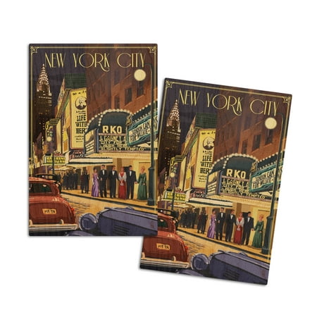 

New York Theater Scene (4x6 Birch Wood Postcards 2-Pack Stationary Rustic Home Wall Decor)