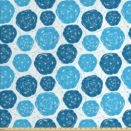 Retro Upholstery Fabric Abstract Fabric by The Yard, Blue Toned Shapes with Stripes and Dots Creative Retro Style Illustration, Decorative Fabric for Upholstery and Home Accents, by Ambesonne ()