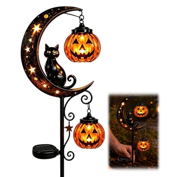 Solar Halloween Black Cat & Pumpkin Moon Garden Stake Light, Waterproof Solar Black Cat on Crescent Moon with Hanging Pumpkin Lantern, Outdoor Halloween Yard Decor for Garden