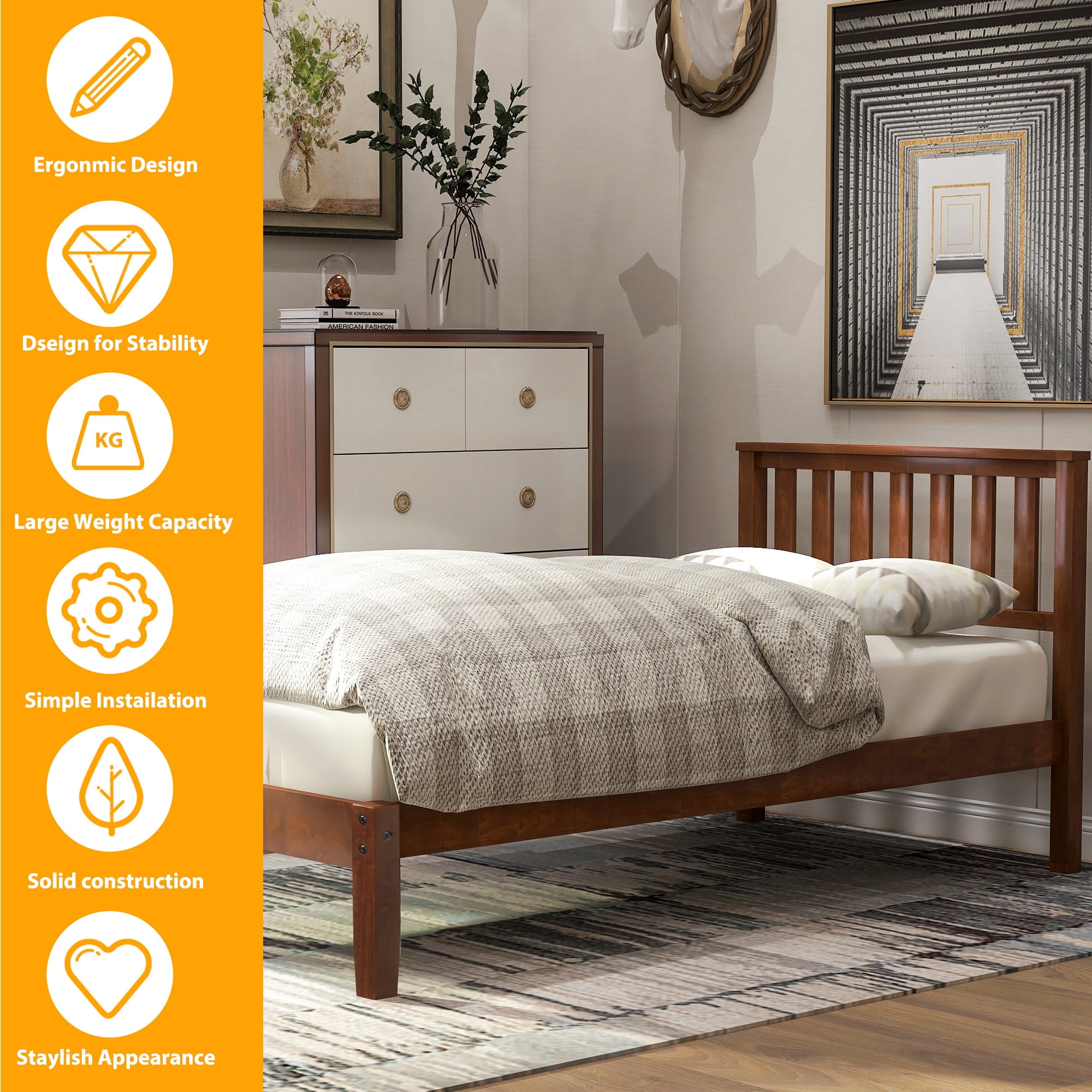 Mintazer Traditional Twin Size Platform Bed Frame with Vintage Headboard for Teens and Adults, Walnut