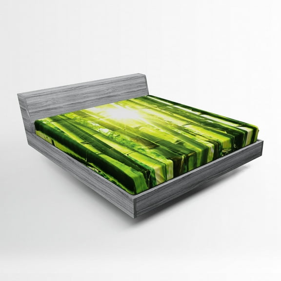 Ambesonne Jungle Fitted Sheet, Sun Beams in Wild Jungle Art, Full Size, Lime Green Yellow