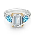 thumbnail image 2 of Gem Stone King 925 Sterling Silver and 10k Yellow Gold White Moissanite and Swiss Blue Topaz 3 Stone Engagement Ring for Women (4.90 Cttw, Emerald Cut Cut 10X8MM, Size 7), 2 of 4
