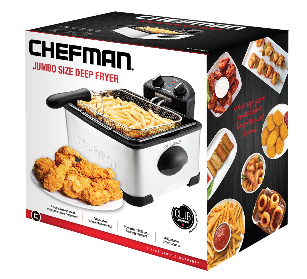 Chefman 4 Liter Jumbo Size Deep Fryer with Viewing Window, Basket Strainer  Included, Stainless Steel 