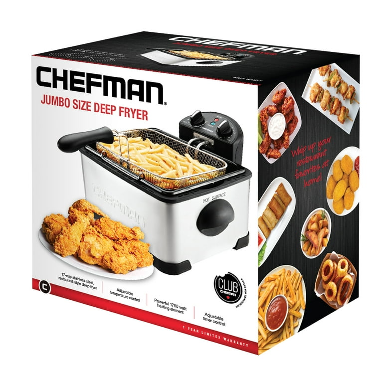 Chefman 4 Liter Jumbo Size Deep Fryer with Viewing Window, Basket Strainer  Included, Stainless Steel 