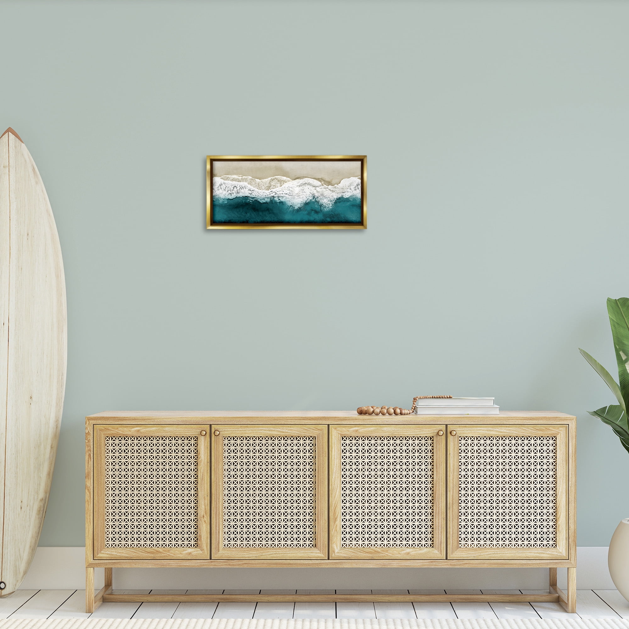 Stupell Industries Foamy Beach Coast Deep Ocean Nature Photography Gold Floater Framed Canvas Art Print Wall Art, 25 x 11