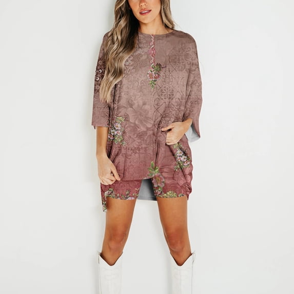 New for Fall! HIMIWAY Shirt&Short suit for Women Stylish Sleek Modern Versatile Ensemble Vintage Floral Round Neck 2pc Set Refreshing and Fashion-Forward Wine XL
