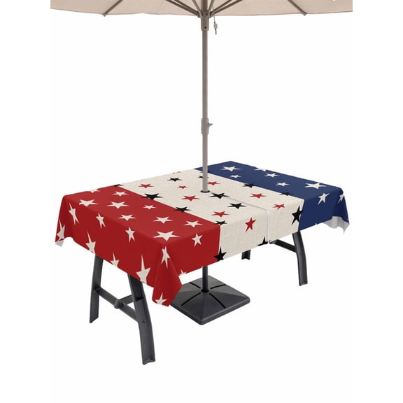 60x102 Inch Outdoor Tablecloth with Umbrella Hole Zipper Rectangle Red Blue Stars 4th of July Rectangular Tablecloths Outside Waterproof Independence Day Rustic Patio Table Cover for Picnic Party