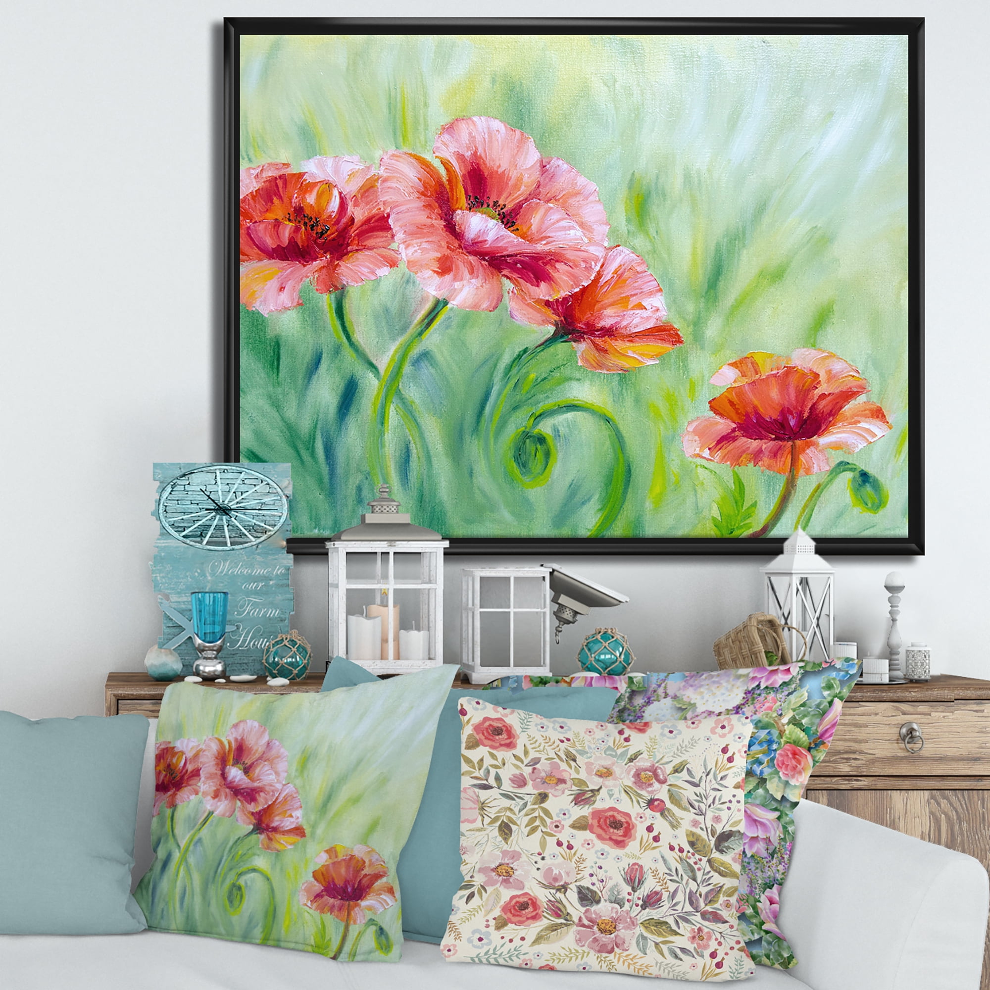 Designart 'Red Blossoming Poppies Over Wild Green II' Traditional Framed Canvas Wall Art Print