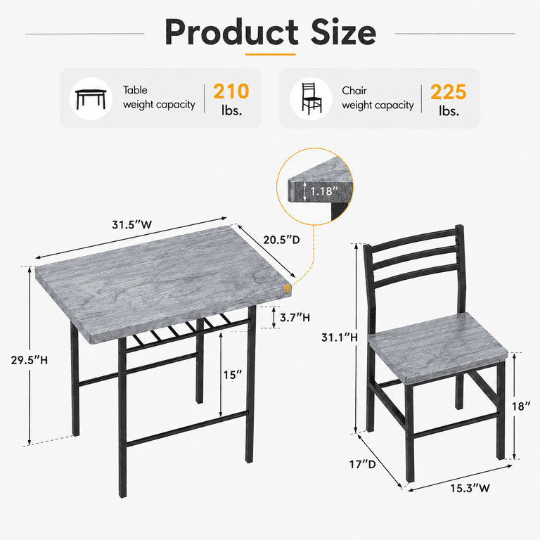 Lacoo 3 Piece Dining Table Set for 2, Small Kitchen Table and 2 Chairs, Space Saving Dining Room Table Set for Apartment, Breakfast Nook, Gray