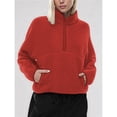 thumbnail image 4 of Womens Half Zip Pullover Cropped Sweatshirts Fleece Jacket Fuzzy Cute Winter Jackets with Pockets Brick Red S, 4 of 10
